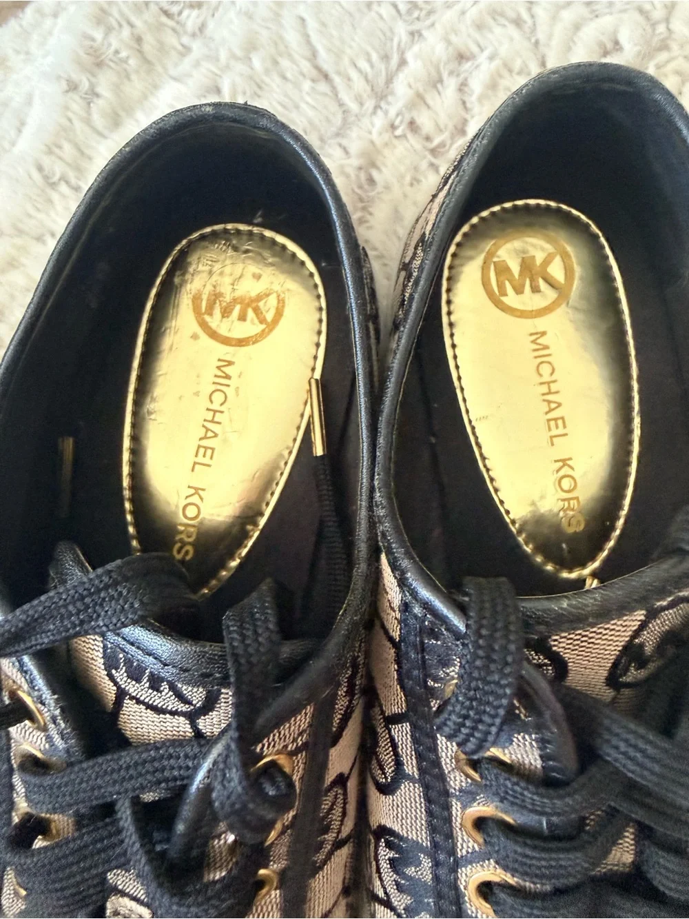 Michael Kors "Boerum" Jacquard Monogram Blk,Beige ,gold MK Logo Low-Tops W9 - Picture 3 of 9